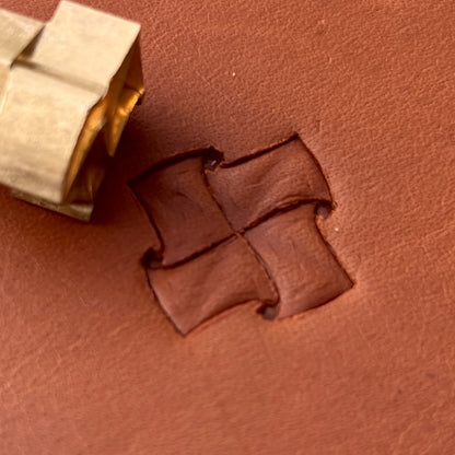 Pinwheel Geometric leather stamp LT289 — brass stamping tool with imprint on natural veg-tan leather