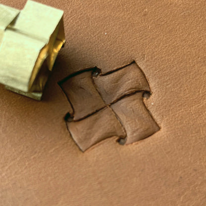 Pinwheel Geometric leather stamp LT289 — brass stamping tool with imprint on natural veg-tan leather