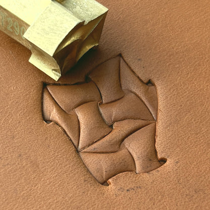 Twisted Shape Geometric leather stamp LT290 — brass stamping tool with imprint on natural veg-tan leather