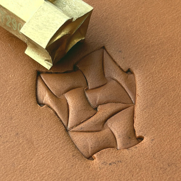 Twisted Shape Geometric leather stamp LT290 — brass stamping tool with imprint on natural veg-tan leather