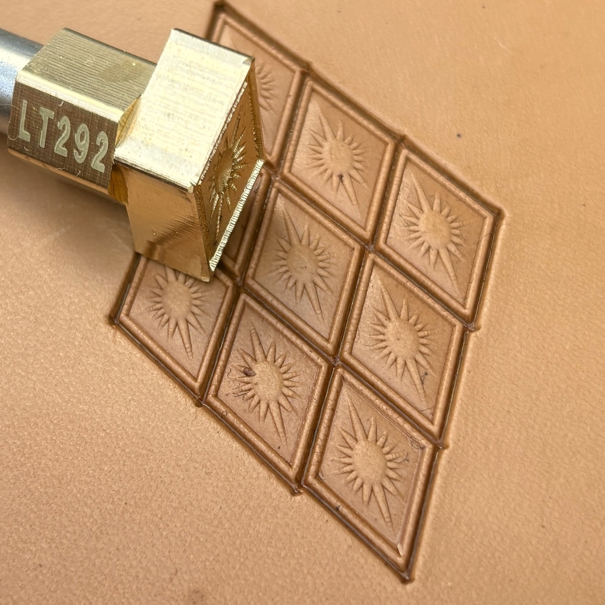 Sunburst Diamonds Geometric leather stamp LT292 — brass stamping tool with imprint on natural veg-tan leather