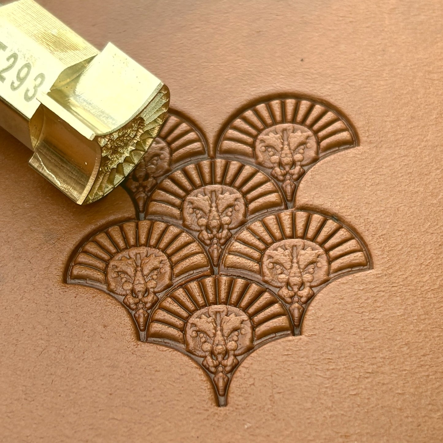 Fan Motif leather stamp LT293 — brass stamping tool with imprint on natural veg-tan leather