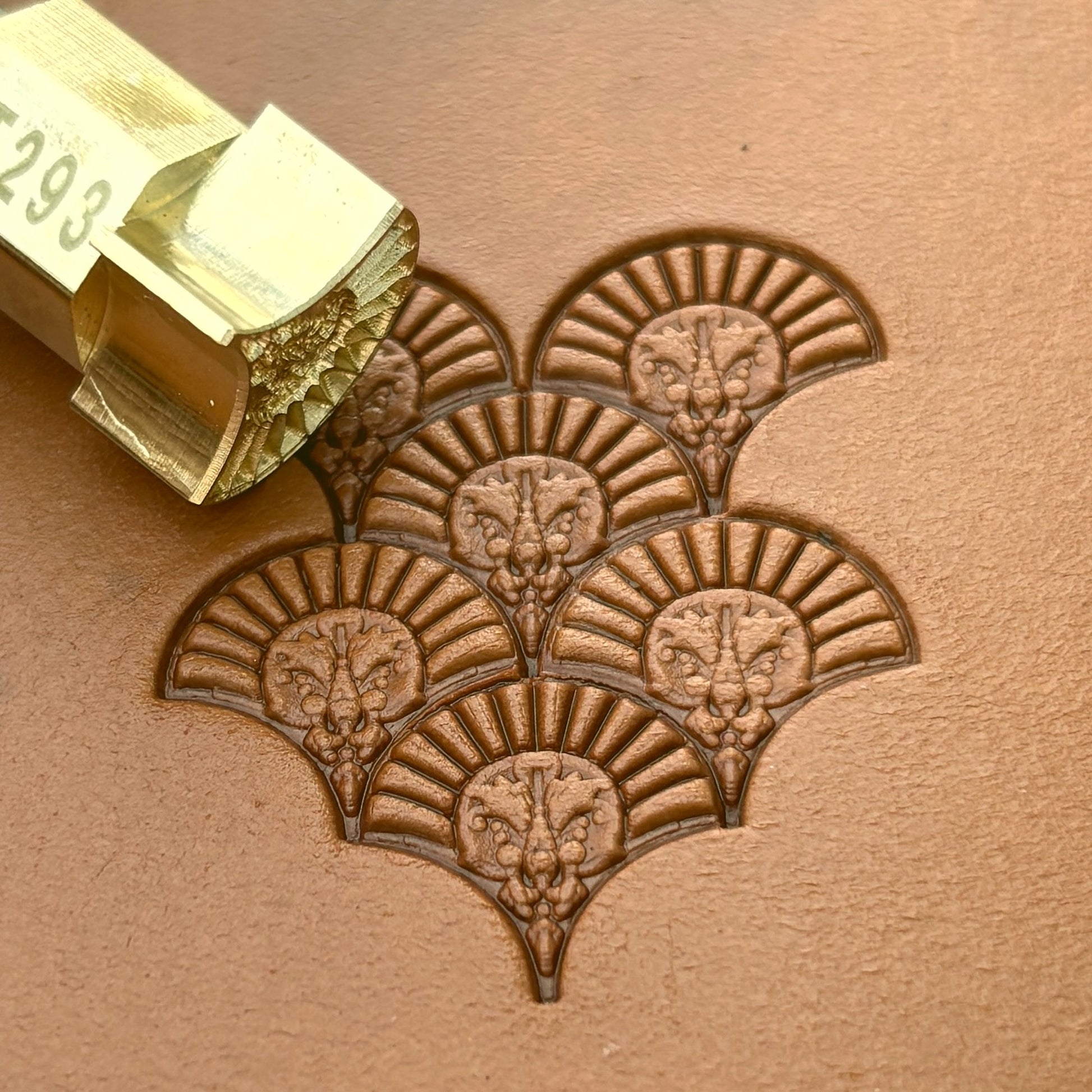 Fan Motif leather stamp LT293 — brass stamping tool with imprint on natural veg-tan leather
