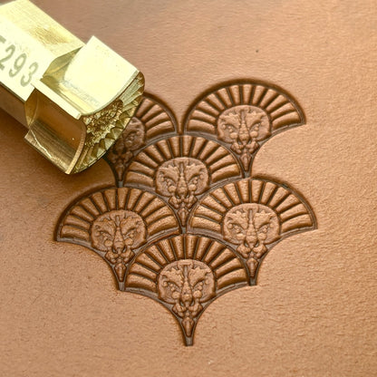 Fan Motif leather stamp LT293 — brass stamping tool with imprint on natural veg-tan leather