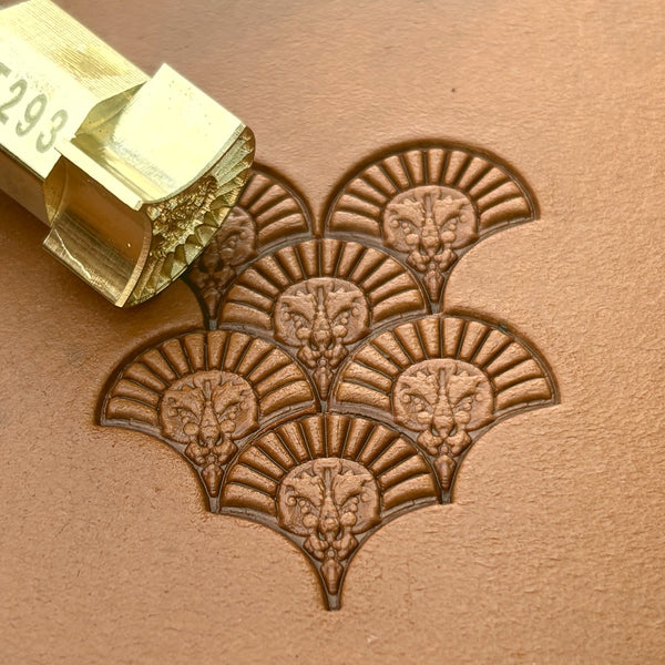 Fan Motif leather stamp LT293 — brass stamping tool with imprint on natural veg-tan leather