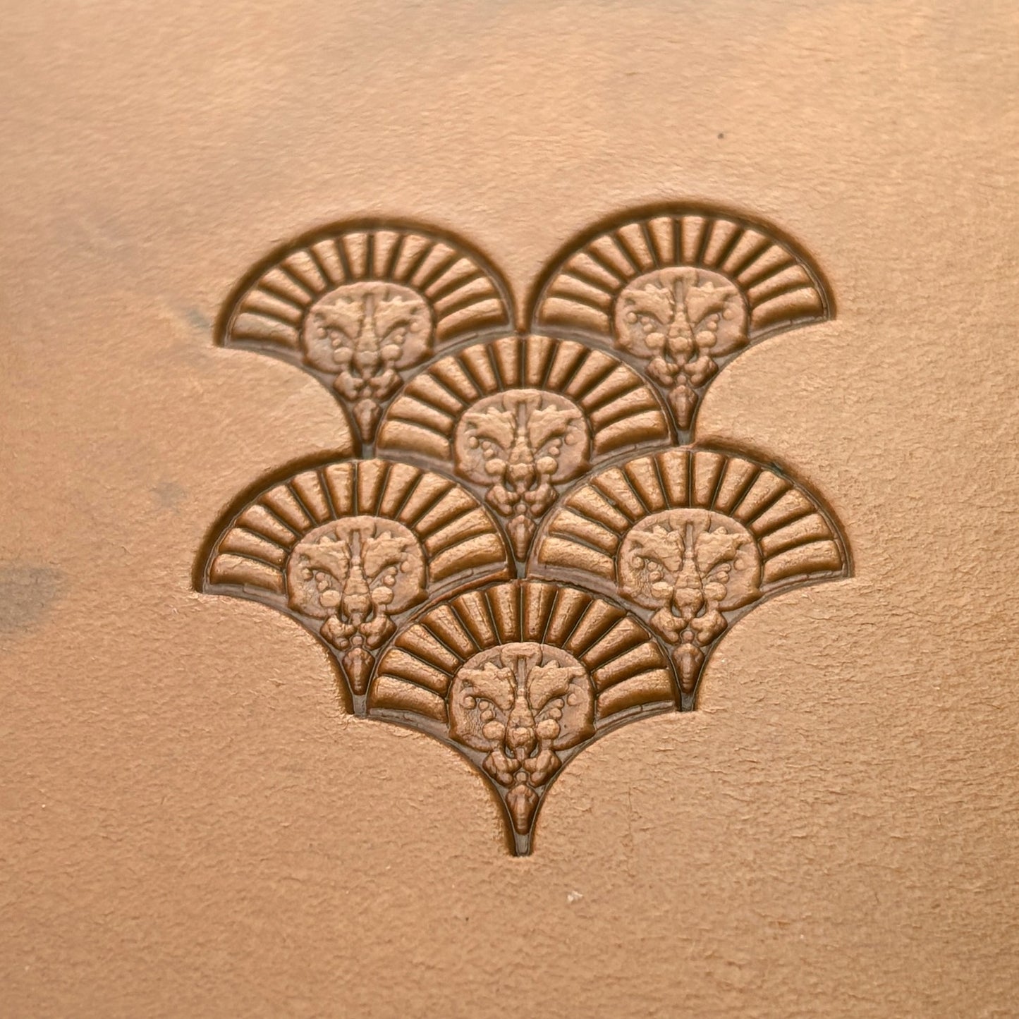 Fan Motif leather stamp LT293 — pattern imprint on veg-tan leather