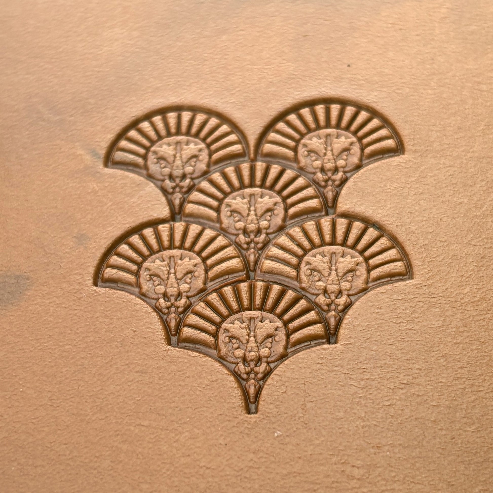 Fan Motif leather stamp LT293 — pattern imprint on veg-tan leather