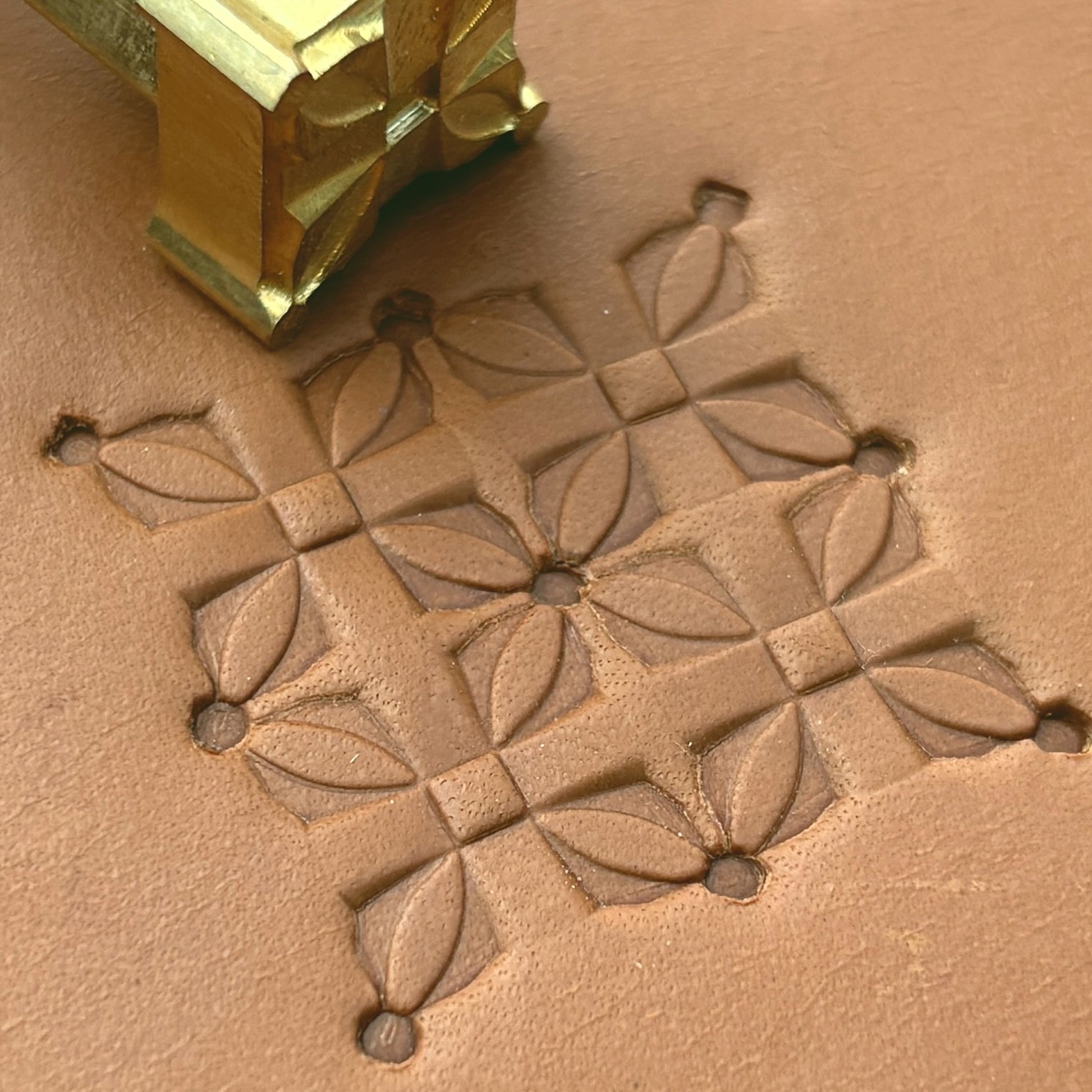 Floral Grid Geometric leather stamp LT297 — brass stamping tool with imprint on natural veg-tan leather