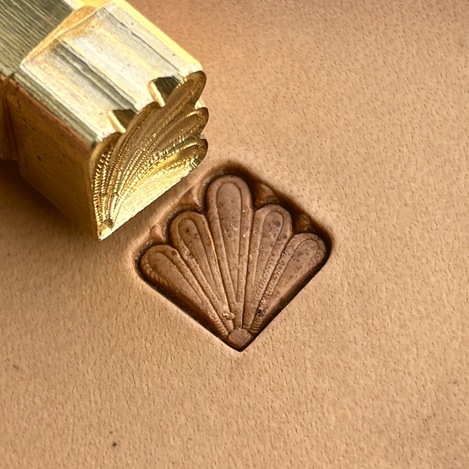 Fan Shape leather stamp LT298 — brass stamping tool with imprint on natural veg-tan leather