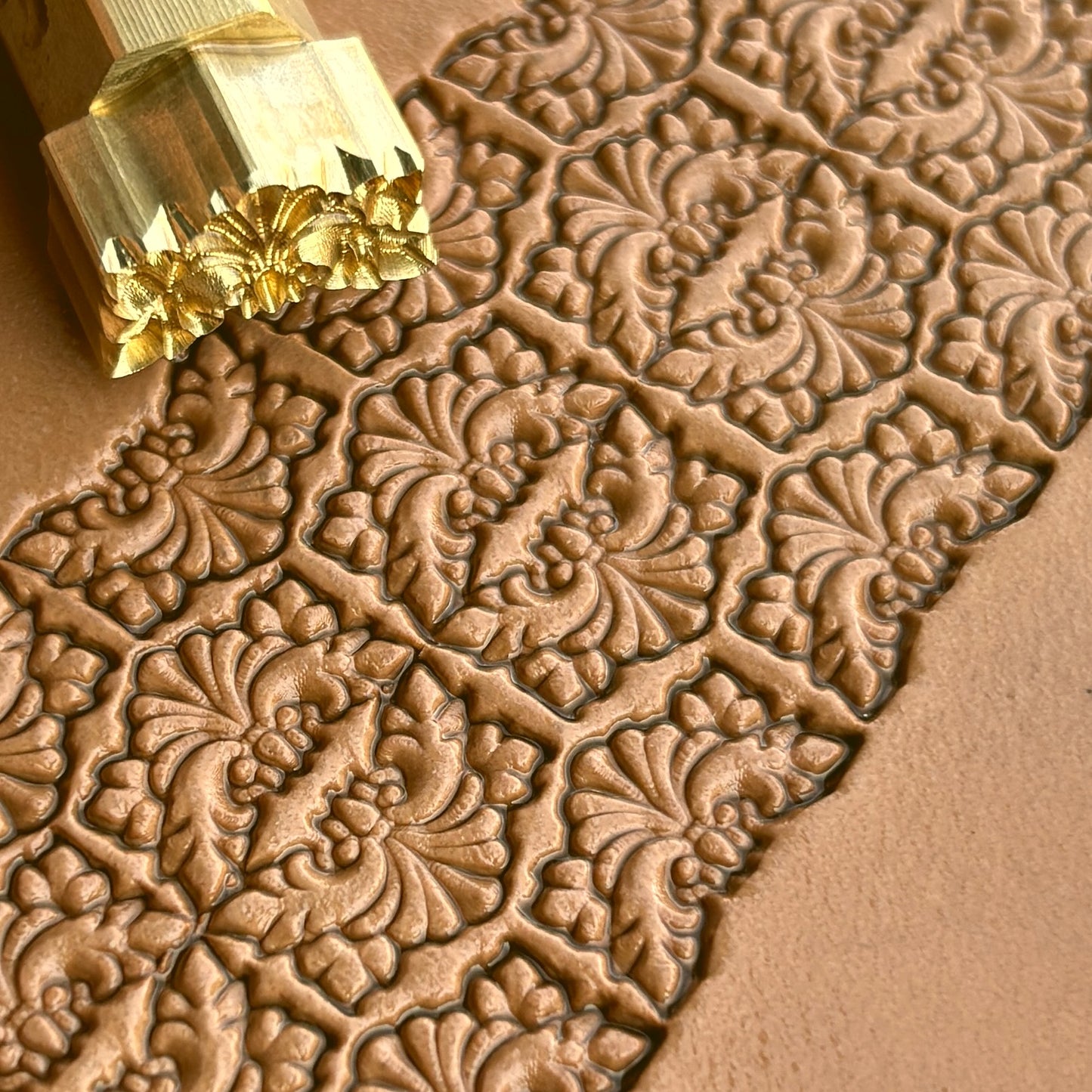 Ornate Design leather stamp LT299 — brass stamping tool with imprint on natural veg-tan leather