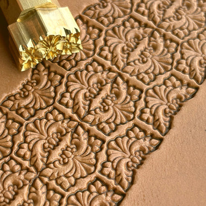 Ornate Design leather stamp LT299 — brass stamping tool with imprint on natural veg-tan leather