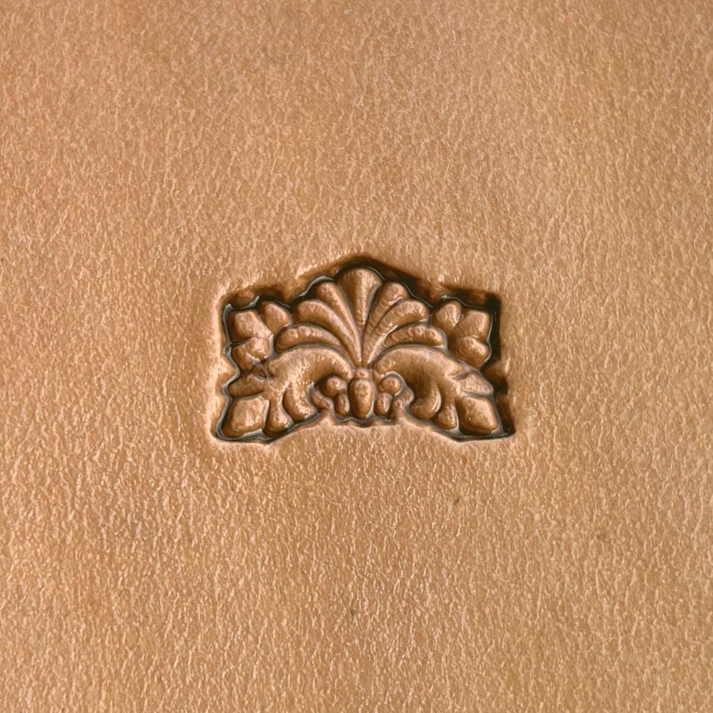 Ornate Design leather stamp LT299 — single impression on veg-tan leather