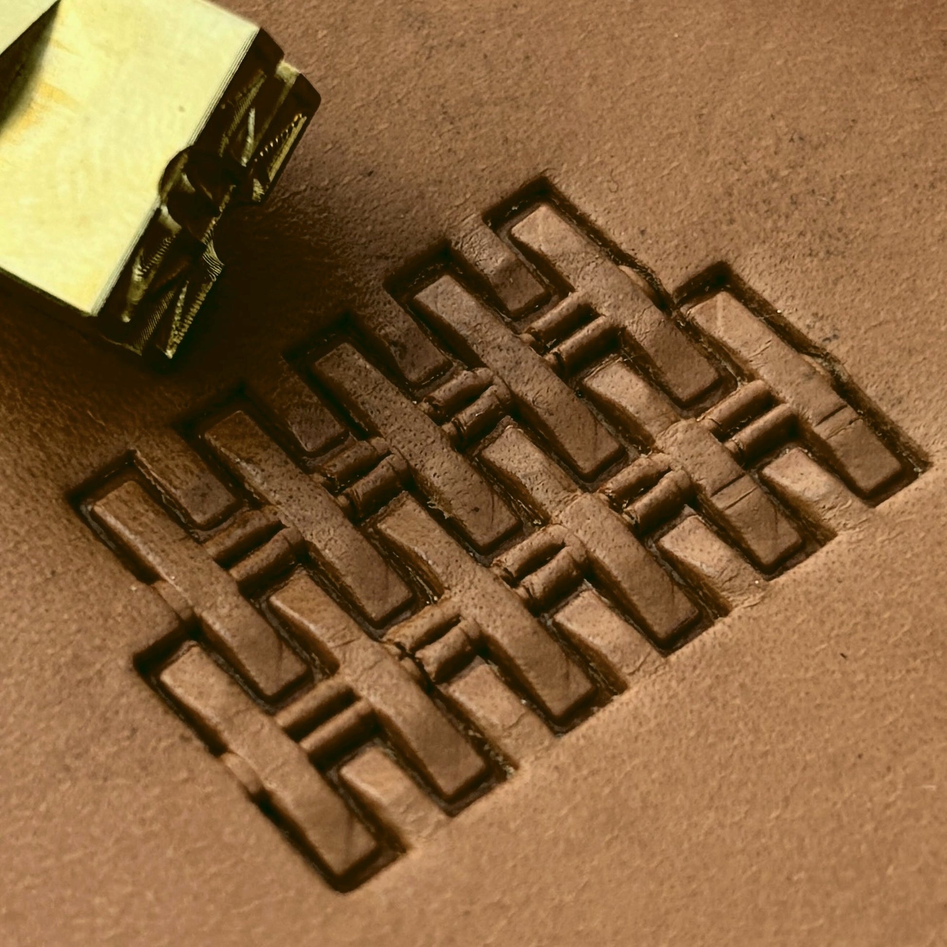 Interlocking Blocks Basket Weave leather stamp LT302 — brass stamping tool with imprint on natural veg-tan leather