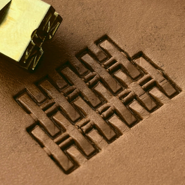 Interlocking Blocks Basket Weave leather stamp LT302 — brass stamping tool with imprint on natural veg-tan leather