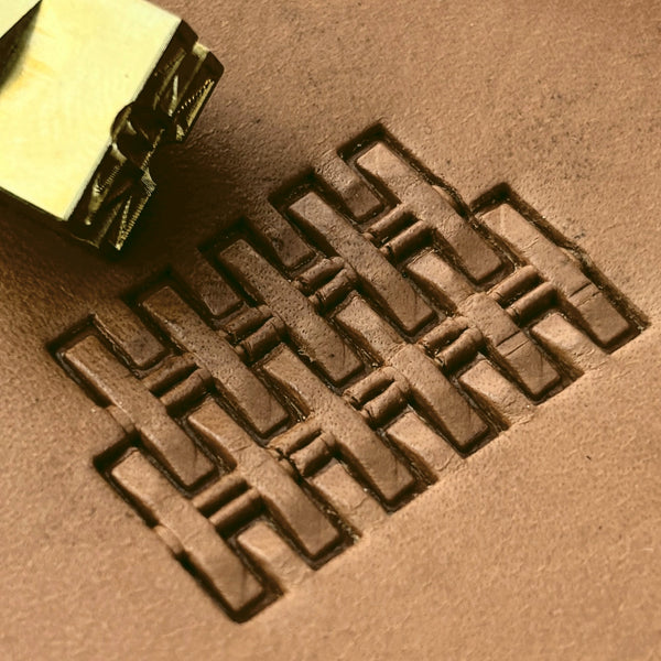 Interlocking Blocks Basket Weave leather stamp LT302 — brass stamping tool with imprint on natural veg-tan leather