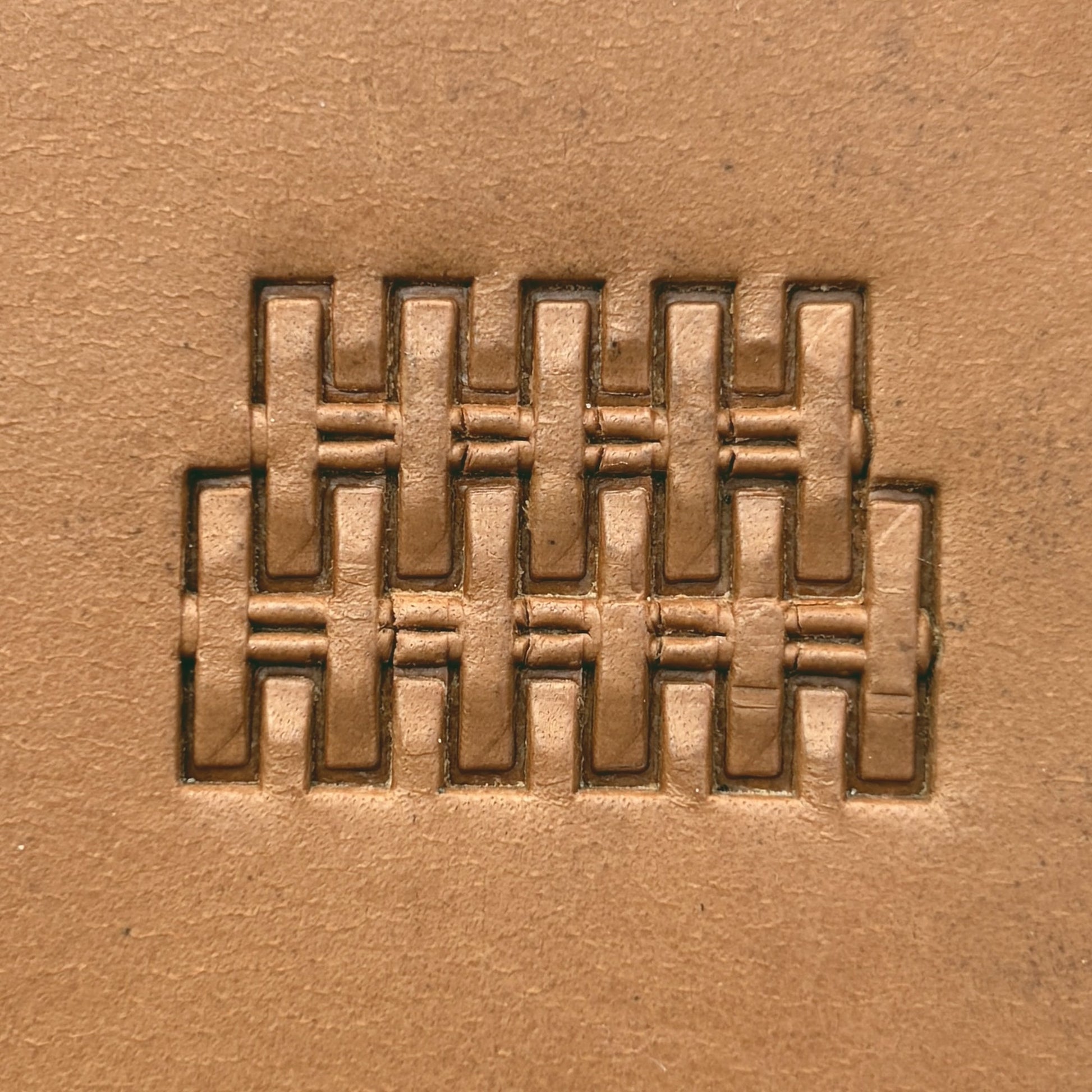 Interlocking Blocks Basket Weave leather stamp LT302 — single impression on veg-tan leather