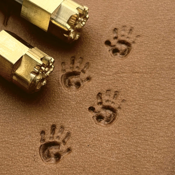 Baby Handprint leather stamp LT303 — brass stamping tool with imprint on natural veg-tan leather