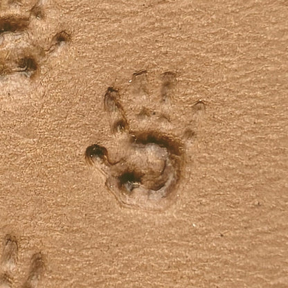 Baby Handprint leather stamp LT303 — single impression on veg-tan leather