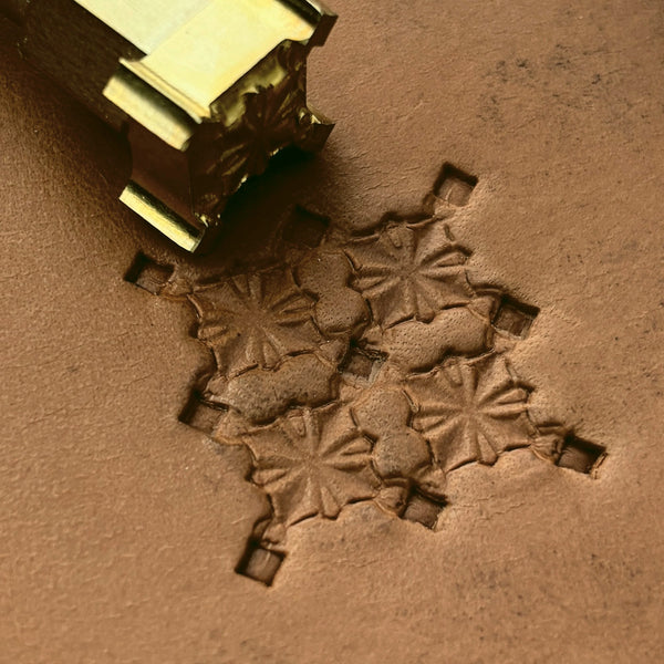 Star Center Geometric leather stamp LT304 — brass stamping tool with imprint on natural veg-tan leather