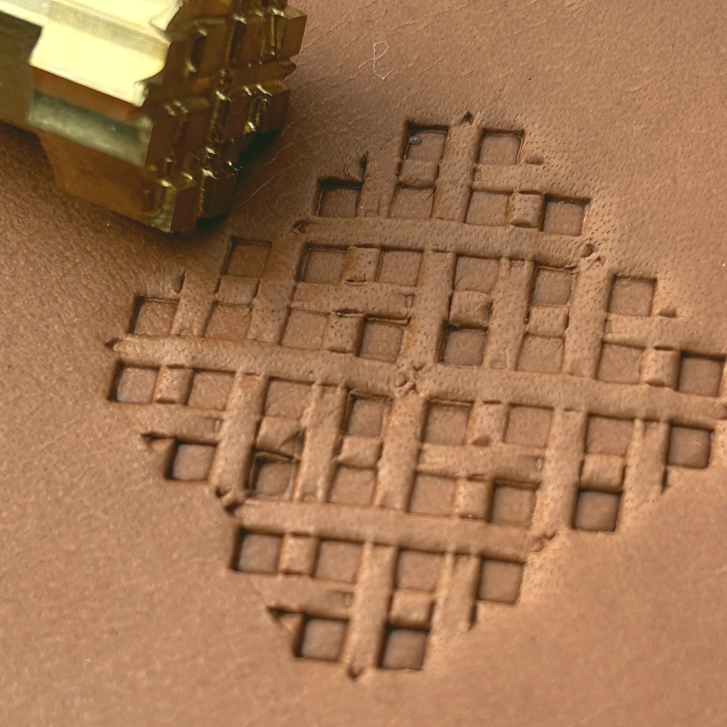 Diamond Grid Basket Weave leather stamp LT306 — brass stamping tool with imprint on natural veg-tan leather