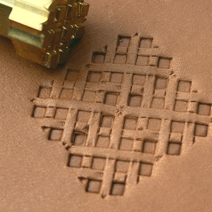 Diamond Grid Basket Weave leather stamp LT306 — brass stamping tool with imprint on natural veg-tan leather