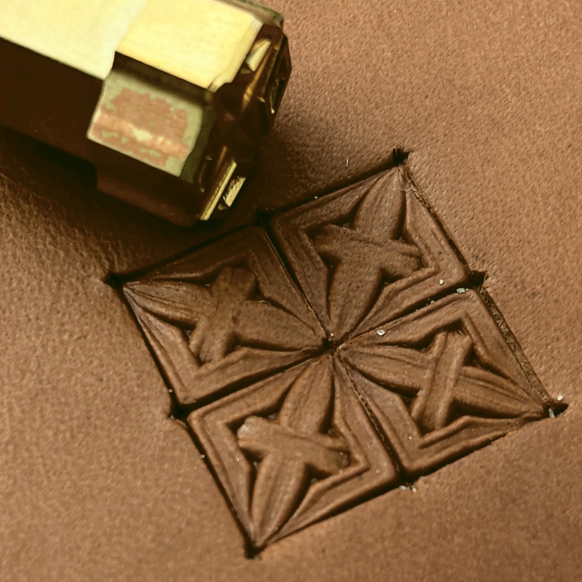 Cross Squares Geometric leather stamp LT308 — brass stamping tool with imprint on natural veg-tan leather