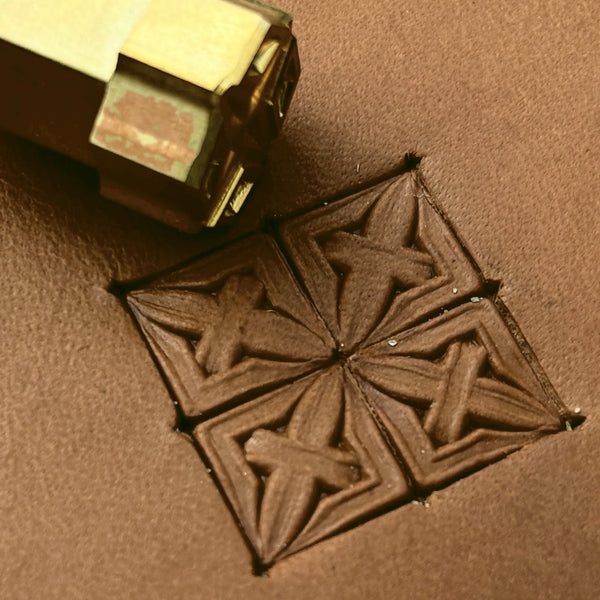 Cross Squares Geometric leather stamp LT308 — brass stamping tool with imprint on natural veg-tan leather