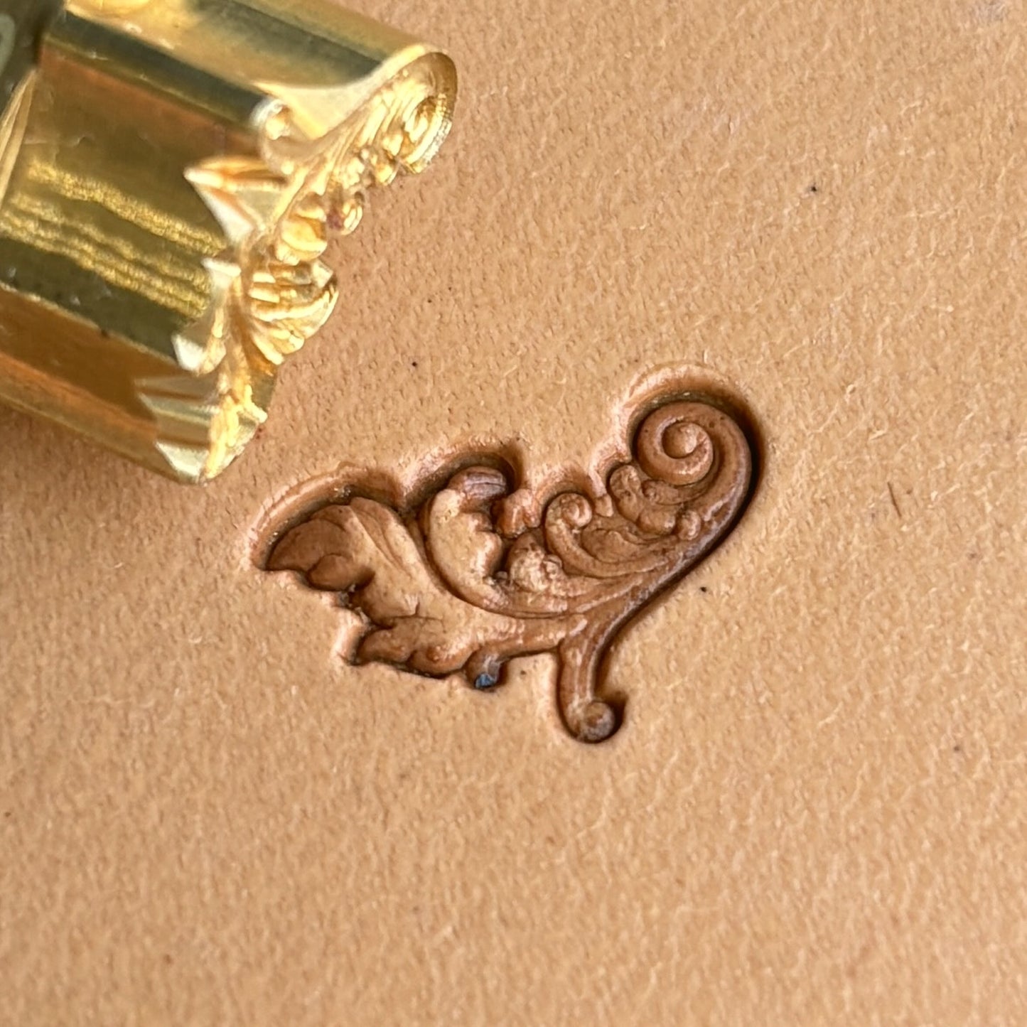 Leaf leather stamp LT309 — brass stamping tool with imprint on natural veg-tan leather