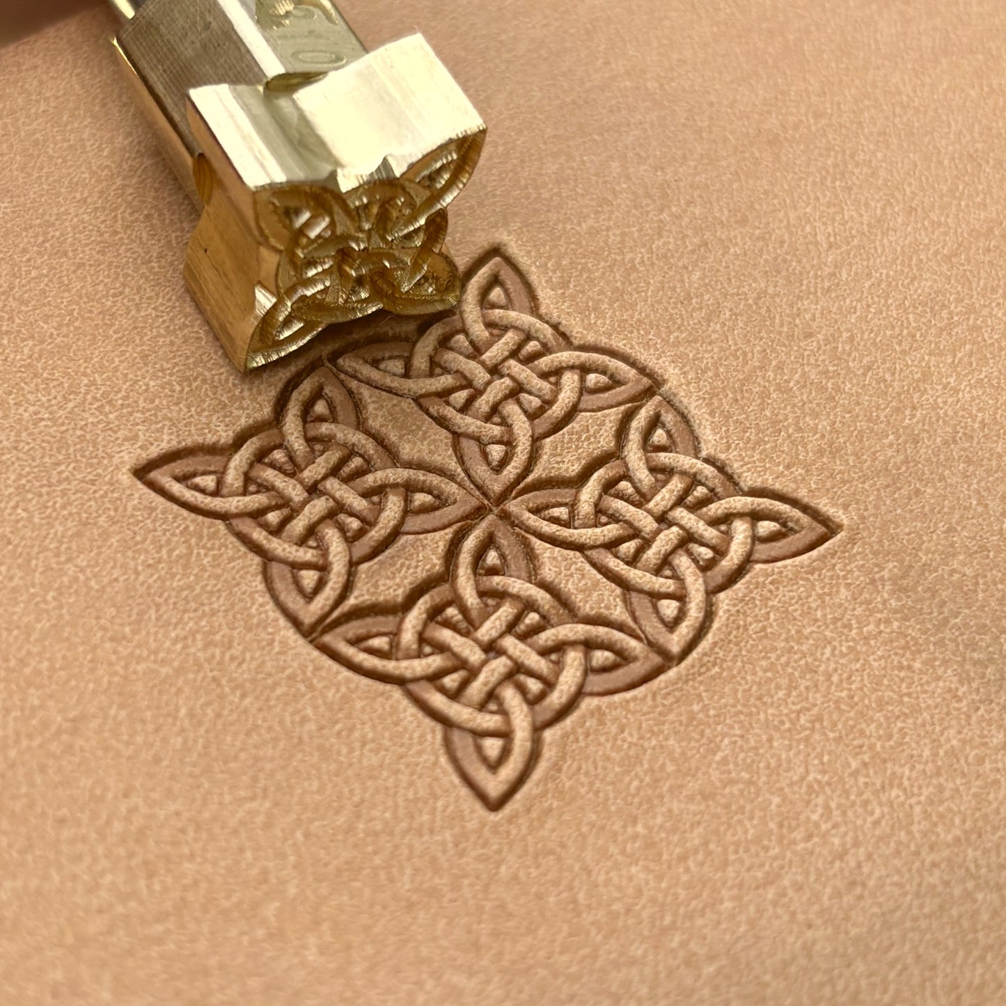 Celtic Knot Geometric leather stamp LT310 — brass stamping tool with imprint on natural veg-tan leather
