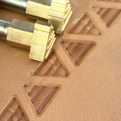 Geometric leather stamp LT313 — brass stamping tool with imprint on natural veg-tan leather