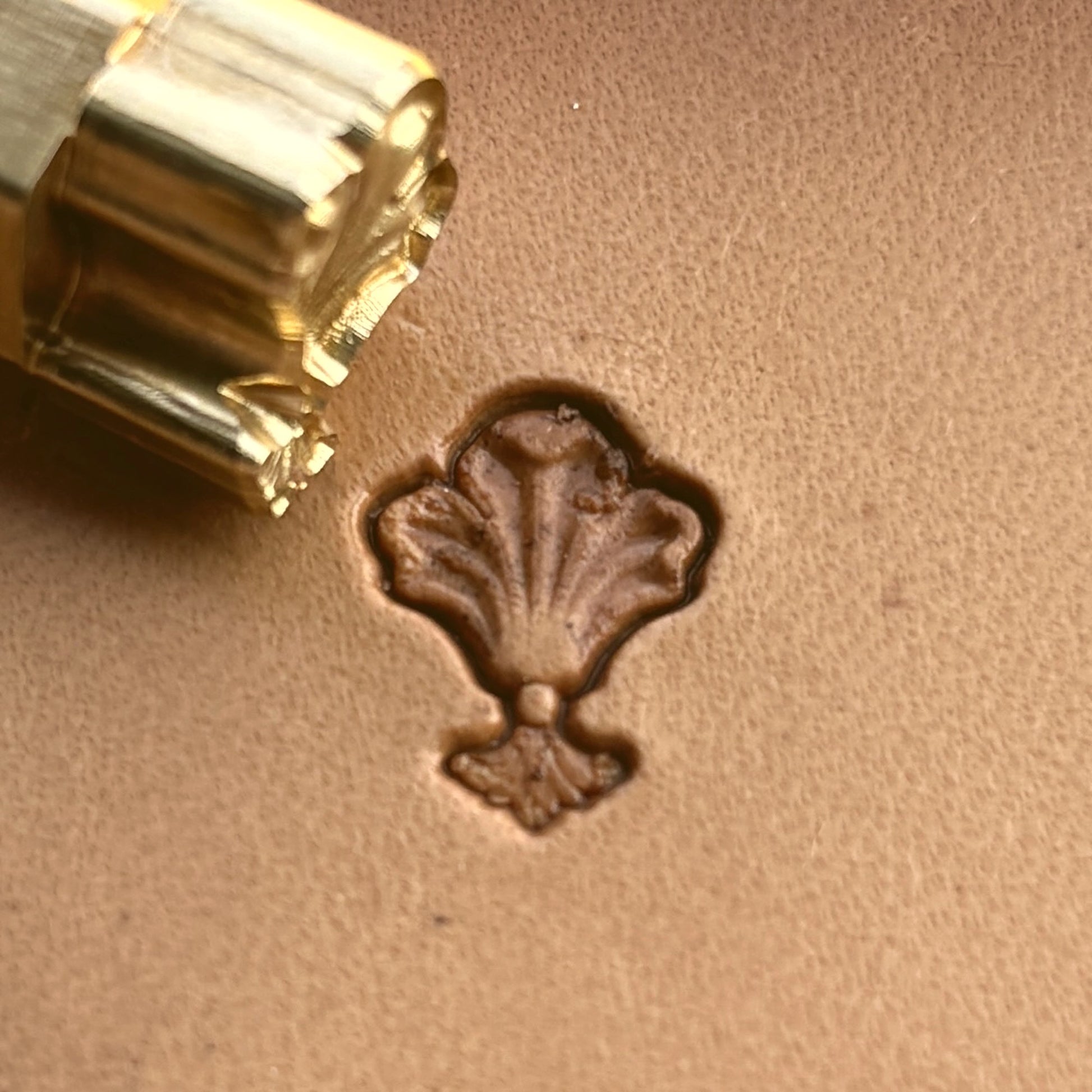Flower leather stamp LT314 — brass stamping tool with imprint on natural veg-tan leather