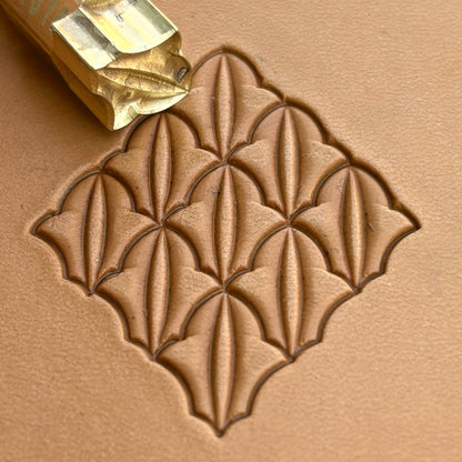 Geometric leather stamp LT315 — brass stamping tool with imprint on natural veg-tan leather