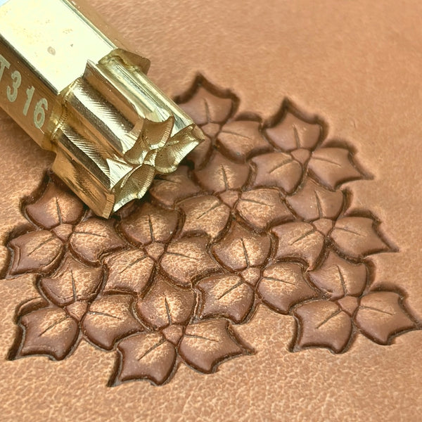 Floral Cluster Leaf leather stamp LT316 — brass stamping tool with imprint on natural veg-tan leather
