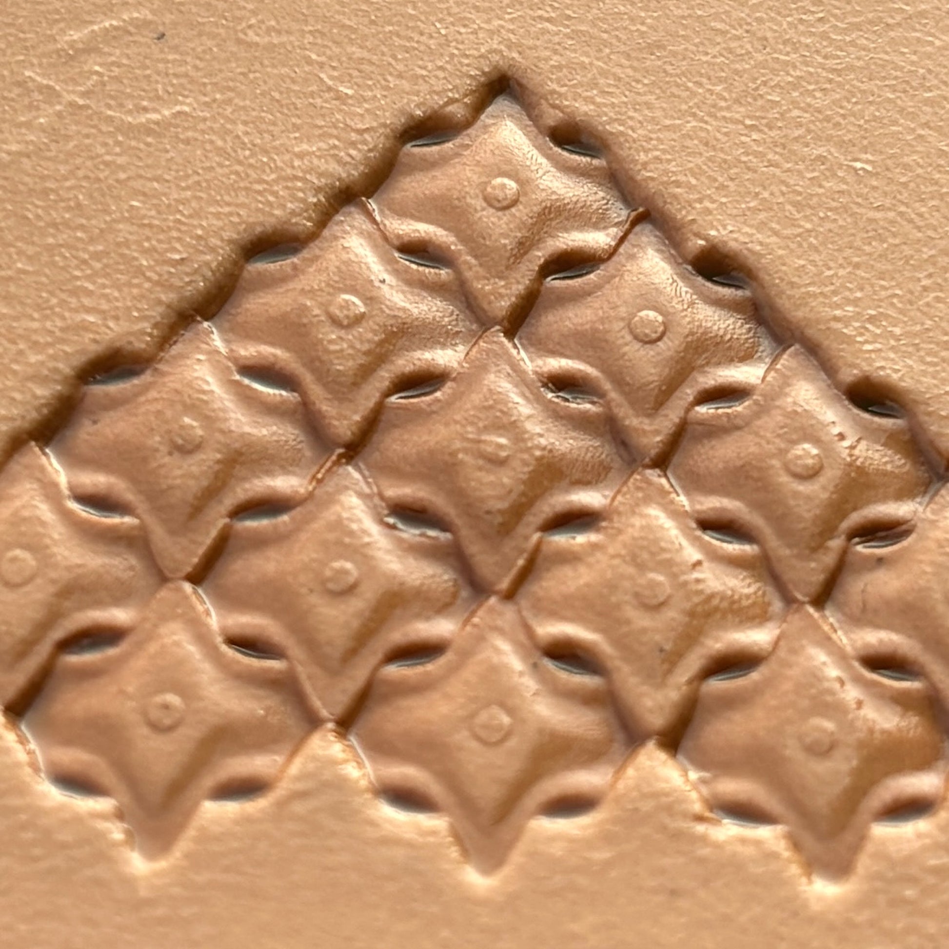 Diamond Tiles leather stamp LT319 — brass stamping tool with imprint on natural veg-tan leather