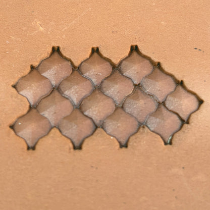 Geometric leather stamp LT320 — brass stamping tool with imprint on natural veg-tan leather