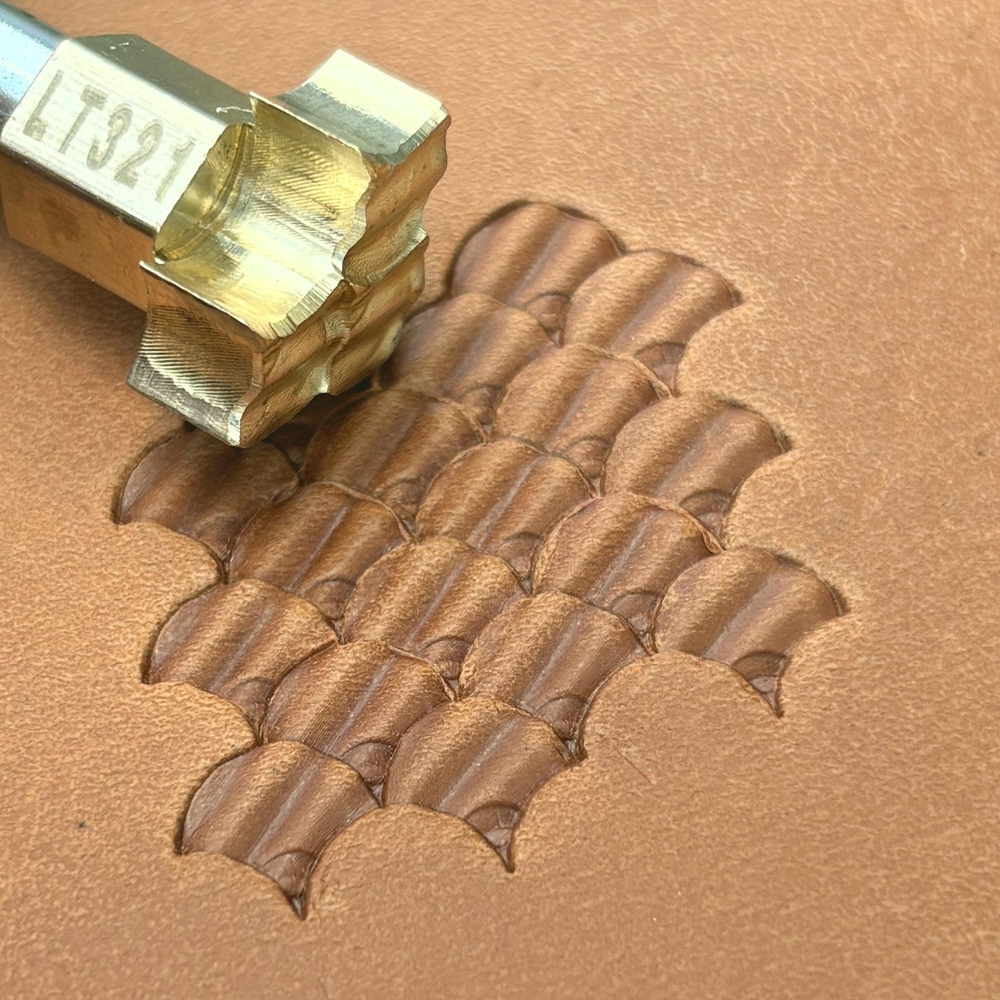 Scales leather stamp LT321 — brass stamping tool with imprint on natural veg-tan leather