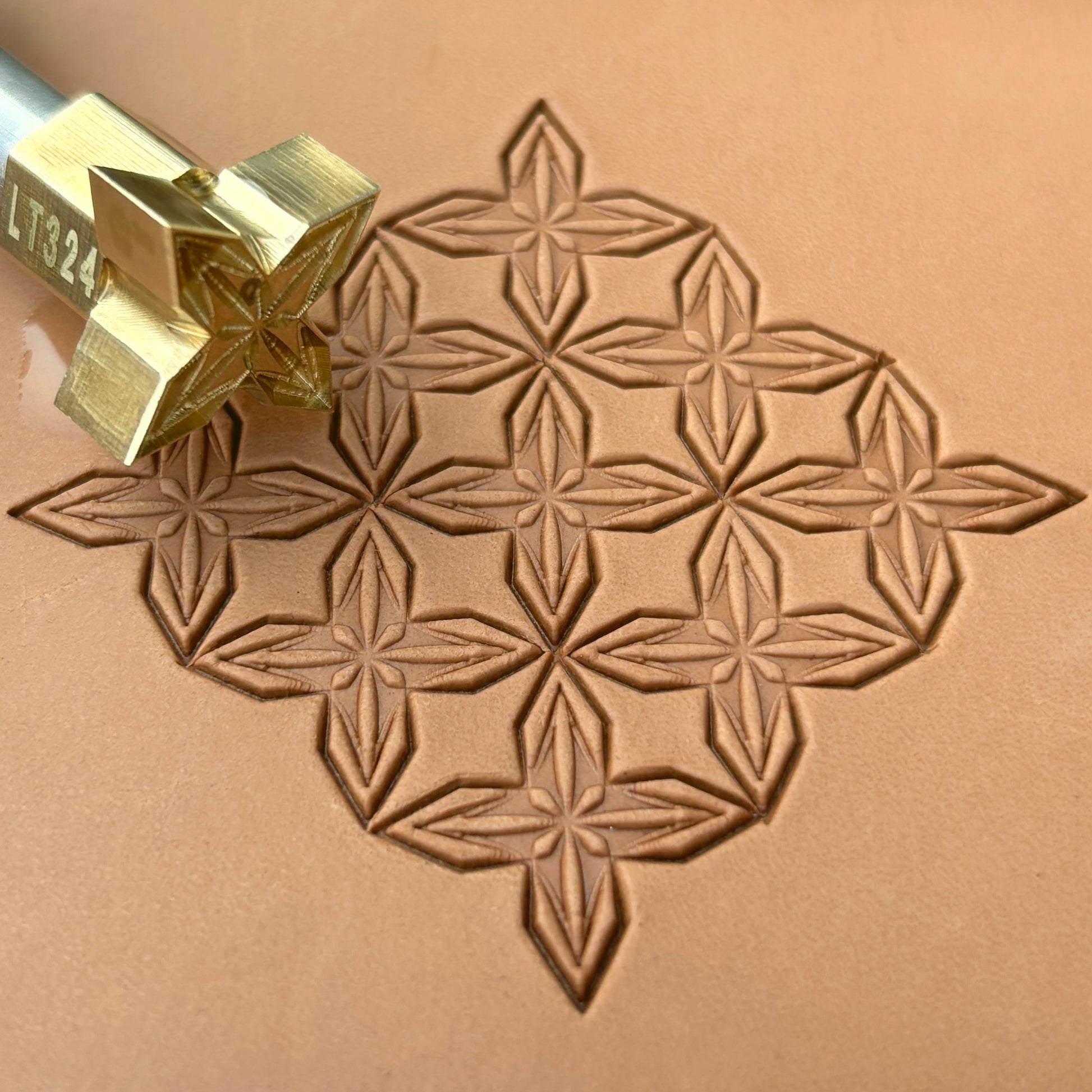 Star Mosaic Geometric leather stamp LT324 — brass stamping tool with imprint on natural veg-tan leather