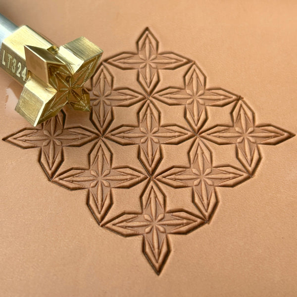 Star Mosaic Geometric leather stamp LT324 — brass stamping tool with imprint on natural veg-tan leather