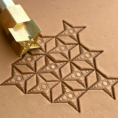Geometric leather stamp LT325 — brass stamping tool with imprint on natural veg-tan leather