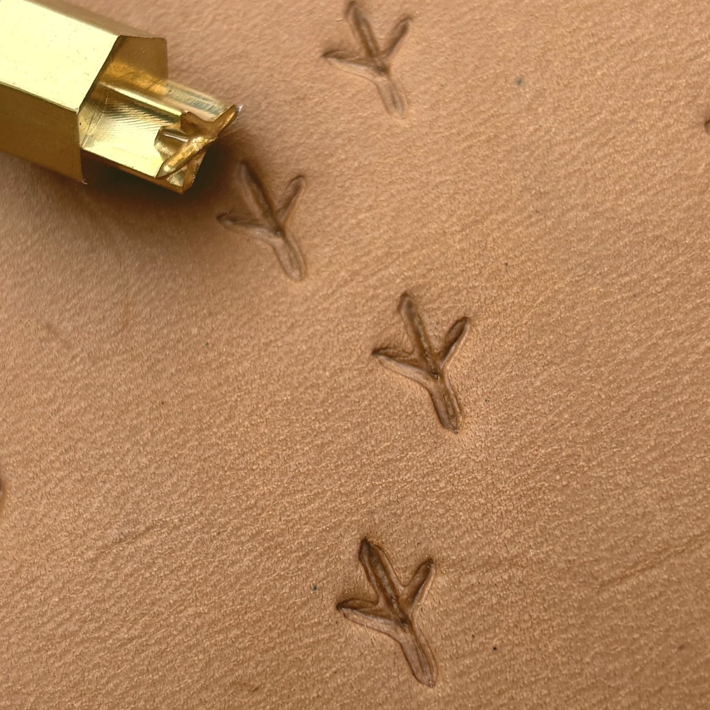 Bird Track Footprint leather stamp LT328 — brass stamping tool with imprint on natural veg-tan leather