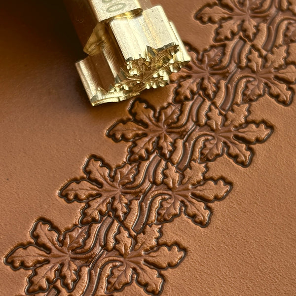 Oak Leaf leather stamp LT330 — brass stamping tool with imprint on natural veg-tan leather