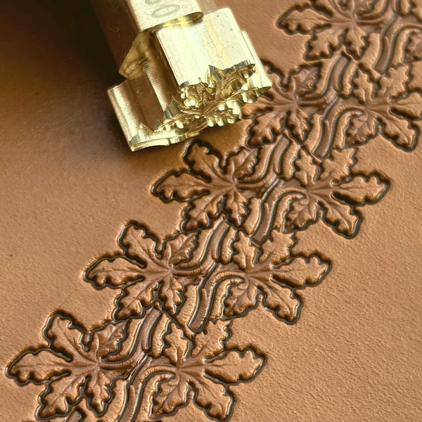 Oak Leaf leather stamp LT330 — brass stamping tool with imprint on natural veg-tan leather