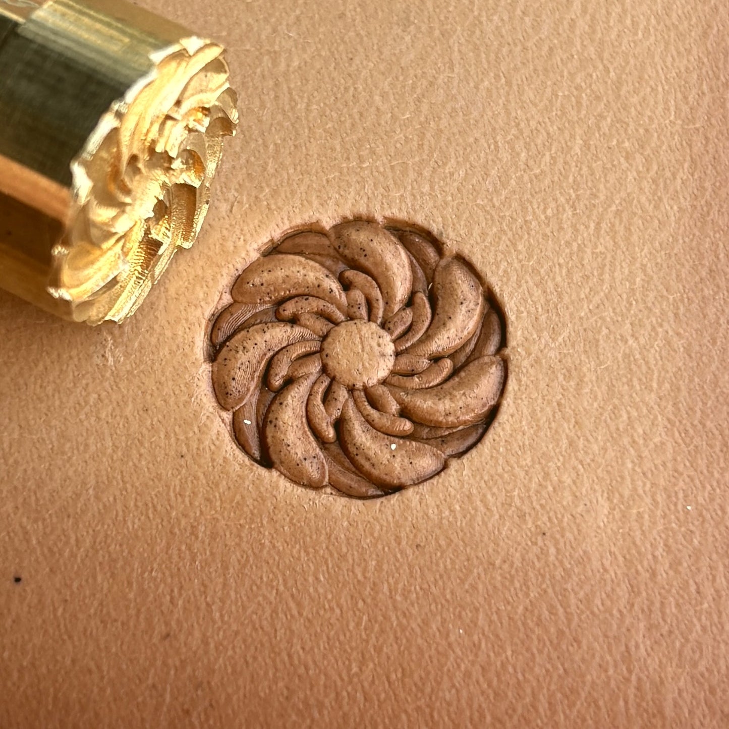 Swirl Mandala leather stamp LT333 — brass stamping tool with imprint on natural veg-tan leather