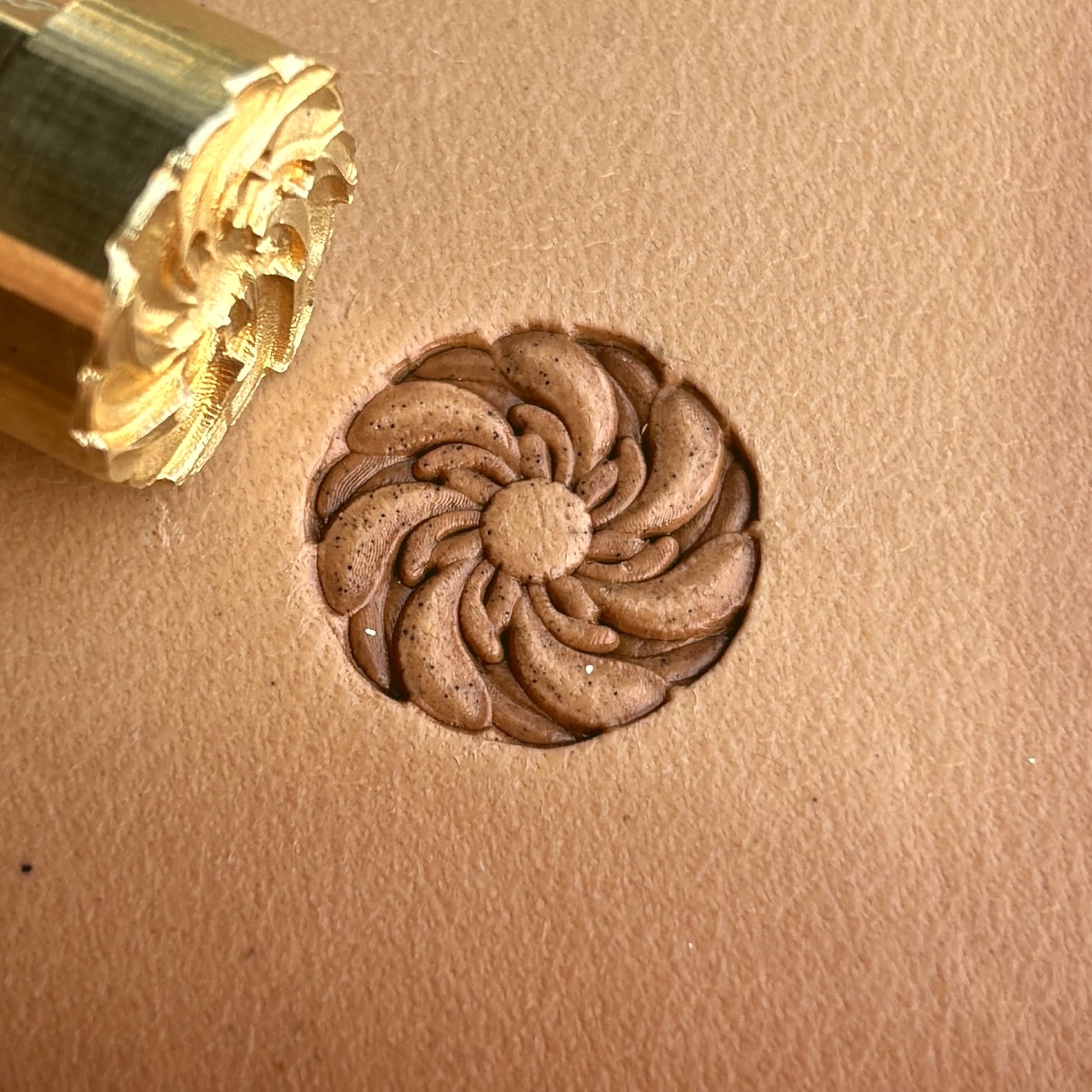 Swirl Mandala leather stamp LT333 — brass stamping tool with imprint on natural veg-tan leather