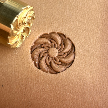 Swirl Mandala leather stamp LT333 — brass stamping tool with imprint on natural veg-tan leather