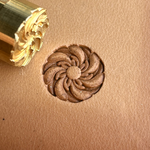 Swirl Mandala leather stamp LT333 — brass stamping tool with imprint on natural veg-tan leather