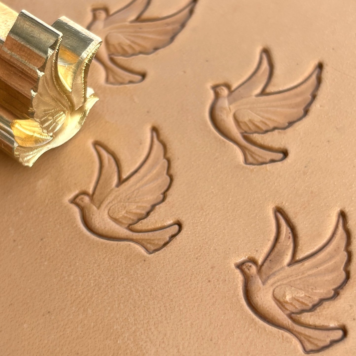 Swan leather stamp LT334 — brass stamping tool with imprint on natural veg-tan leather