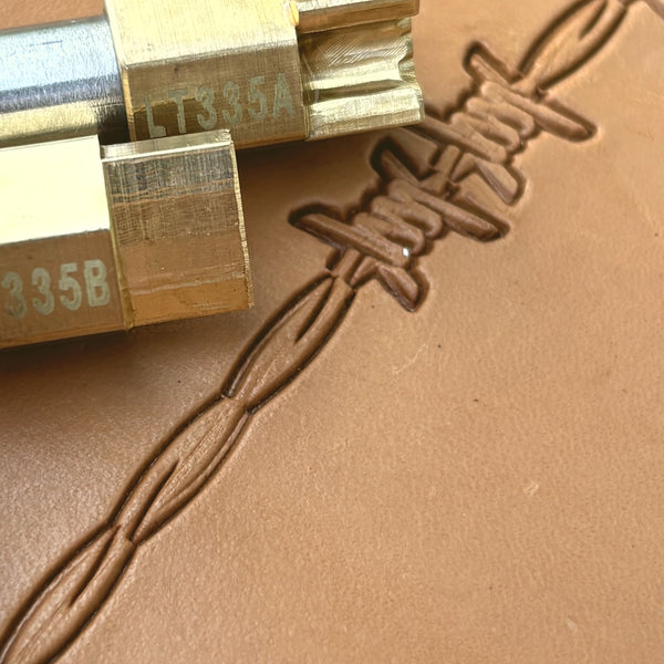 Barbed Wire leather stamp LT335 — brass stamping tool with imprint on natural veg-tan leather
