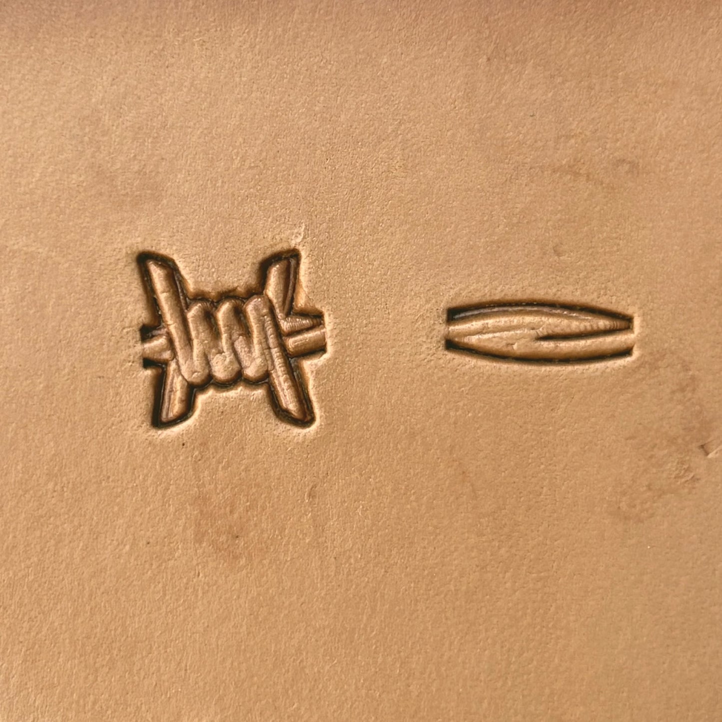 Barbed Wire leather stamp LT335 — single impression on veg-tan leather