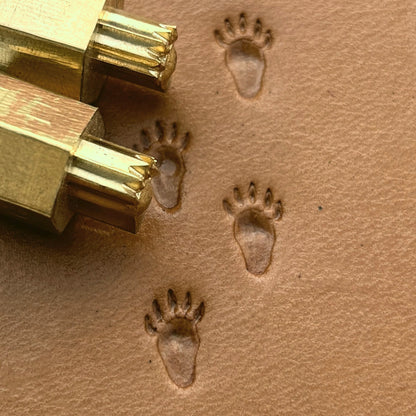 Tracks Paw Bear leather stamp LT336 — brass stamping tool with imprint on natural veg-tan leather